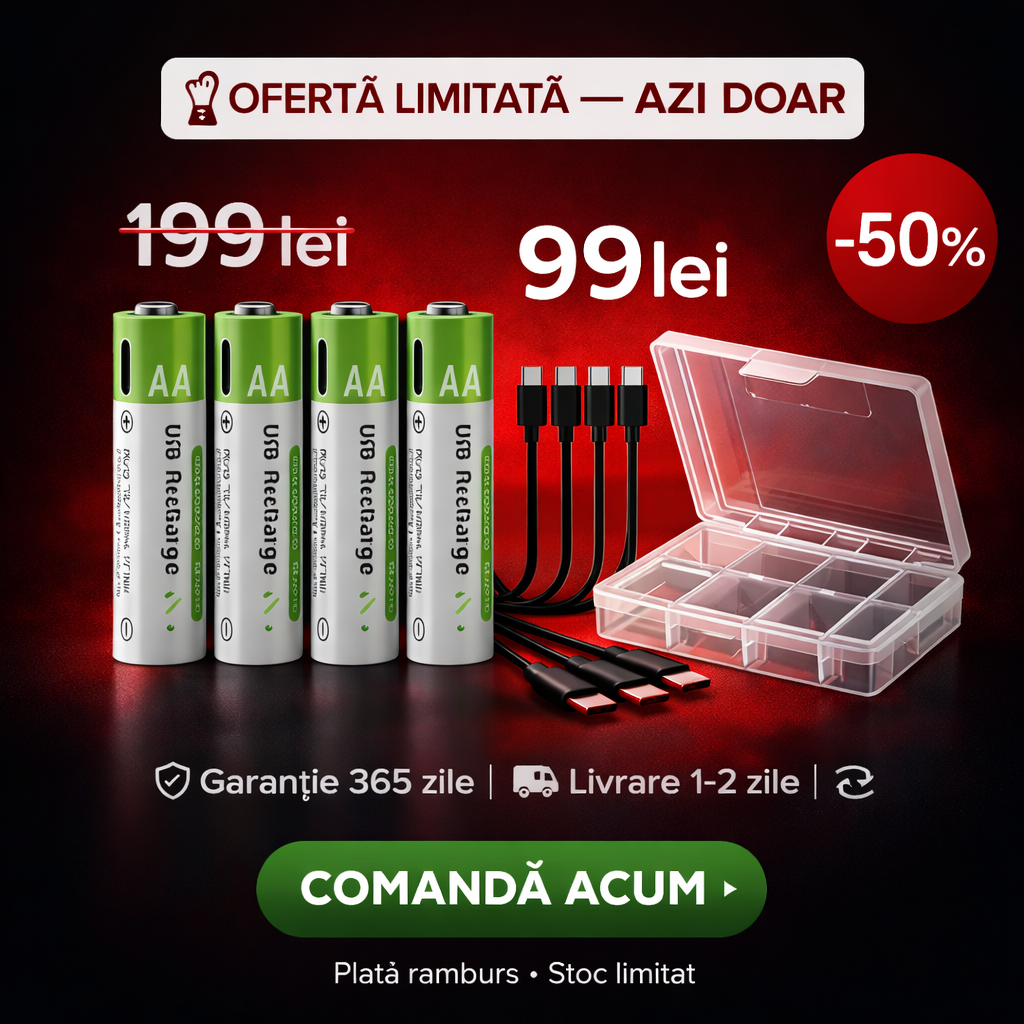 Set 4 Baterii AA 3800 mAh cu Cabluri USB-C și Cutie