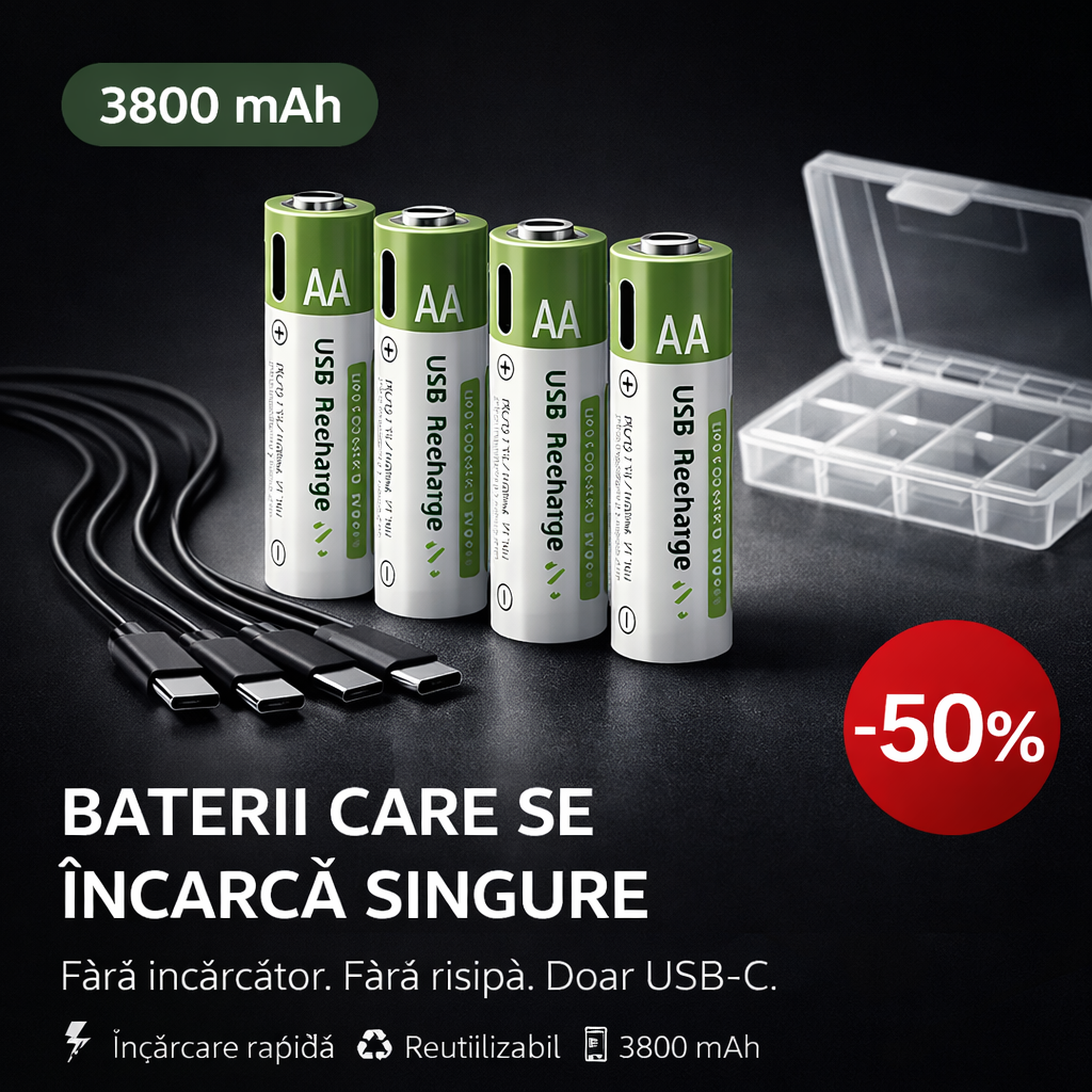 Set 4 Baterii AA 3800 mAh cu Cabluri USB-C și Cutie