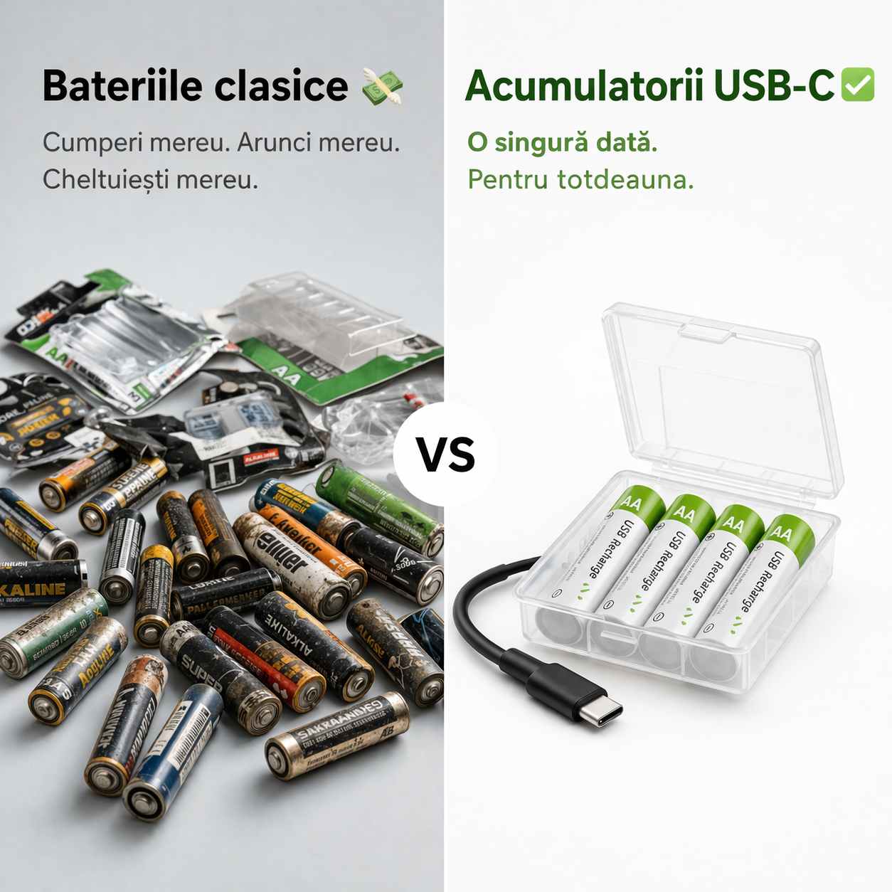 Set 4 Baterii AA 3800 mAh cu Cabluri USB-C și Cutie