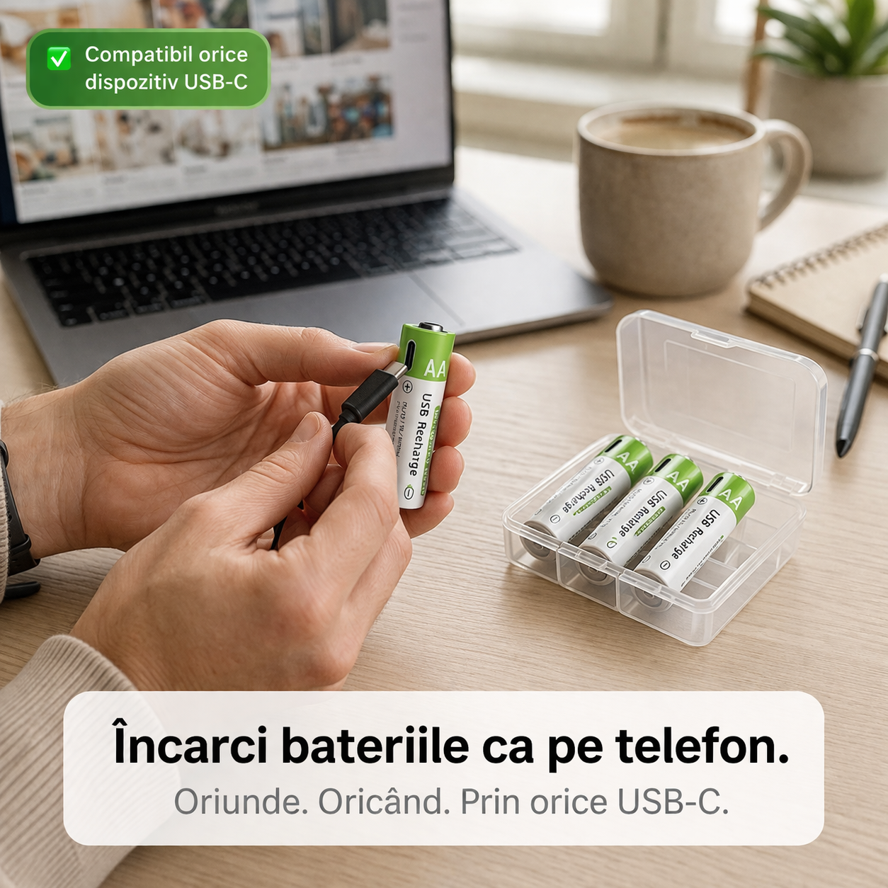 Set 4 Baterii AA 3800 mAh cu Cabluri USB-C și Cutie