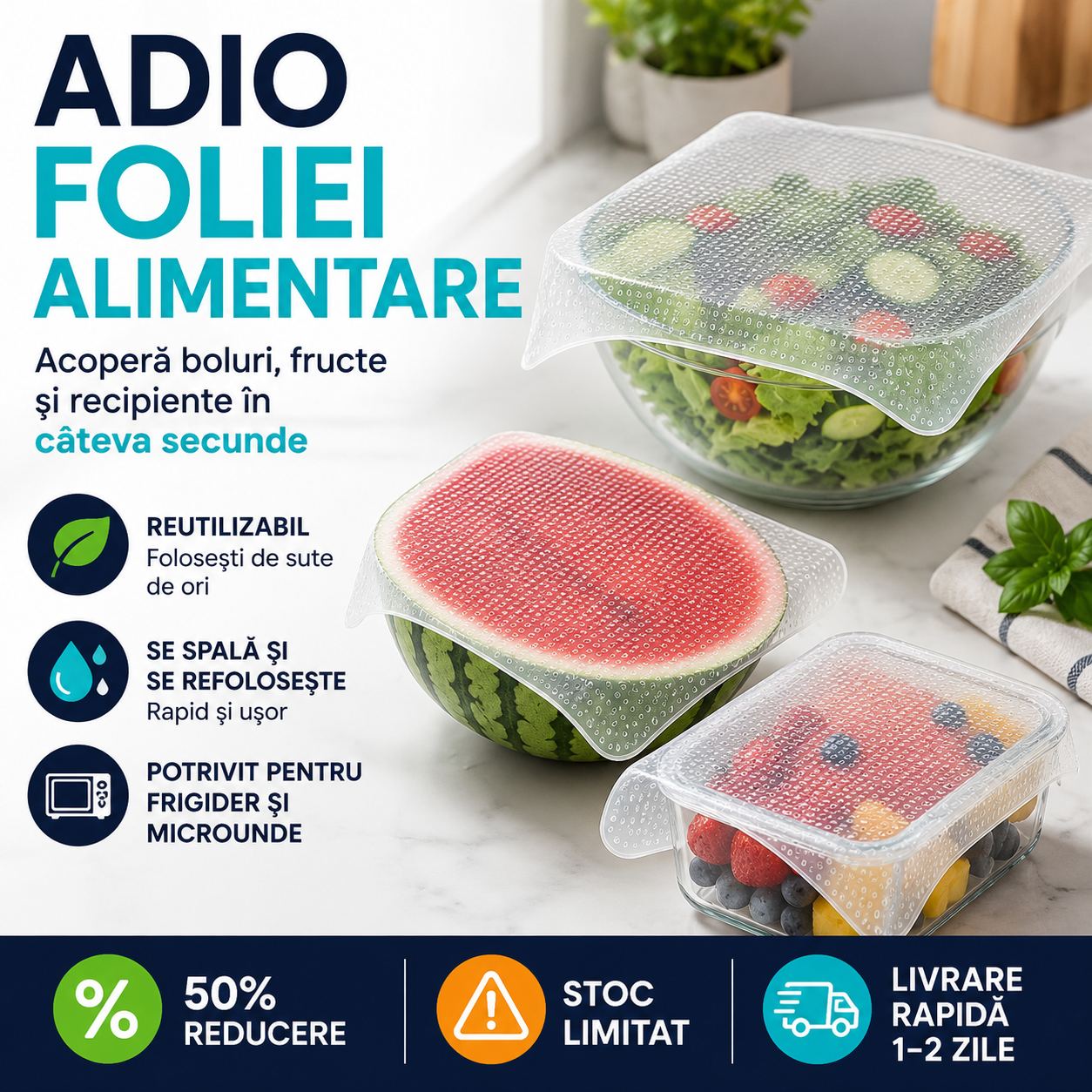 EcoFresh™ 4 Capace Japoneze Reutilizabile Din Silicon - Mărime Mare. 15cm/15cm - 4 buc