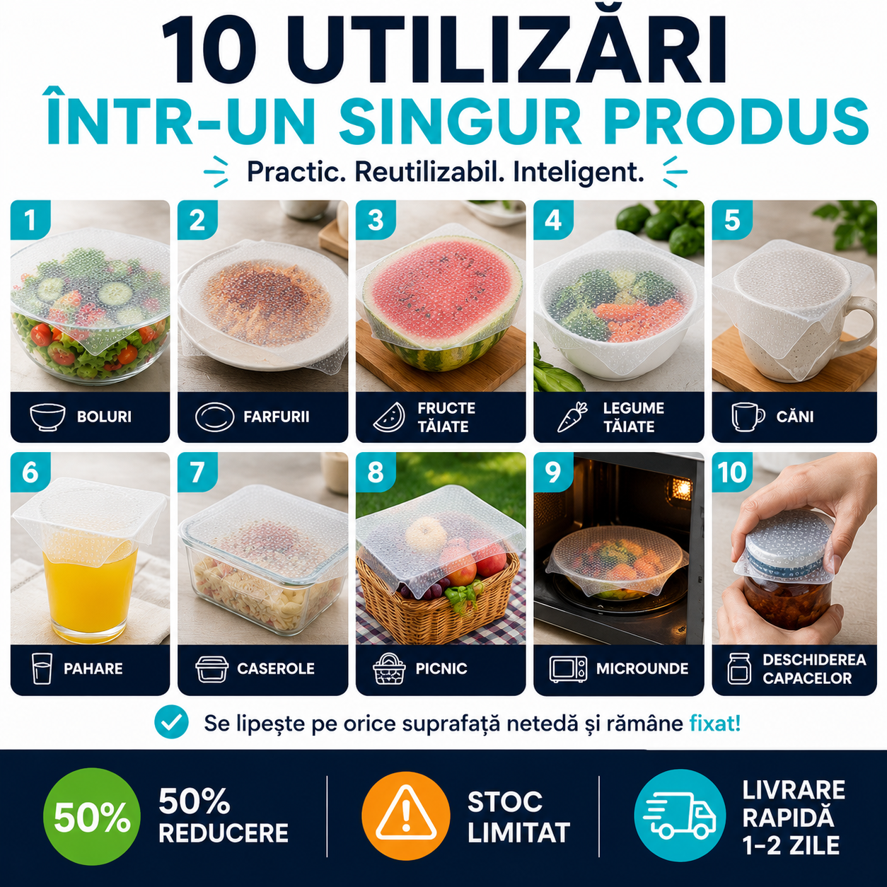 EcoFresh™ 4 Capace Japoneze Reutilizabile Din Silicon - Mărime Mare. 15cm/15cm - 4 buc