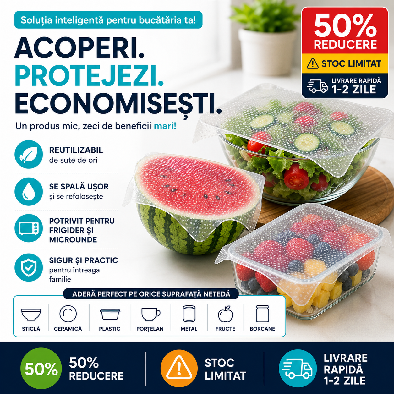 EcoFresh™ 4 Capace Japoneze Reutilizabile Din Silicon - Mărime Mare. 15cm/15cm - 4 buc