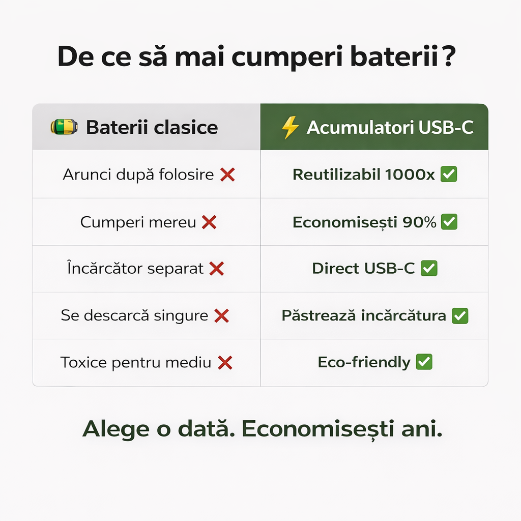 Set 4 Baterii AA 3800 mAh cu Cabluri USB-C și Cutie