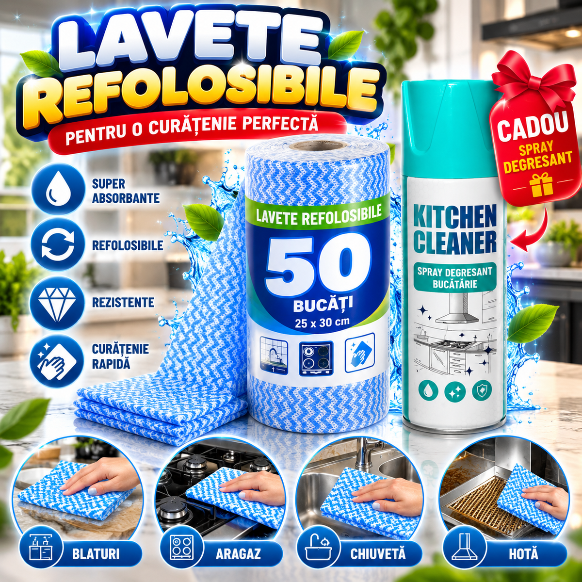 Lavete Refolosibile - CleanWipe™ (50buc)  + Spray Degresant CADOU