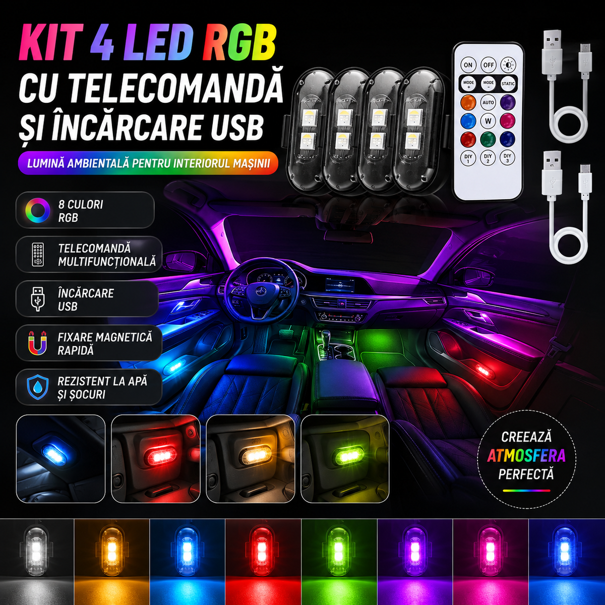Kit 4 LED RGB Cu Telecomandă și Încărcare USB GlowDrive™