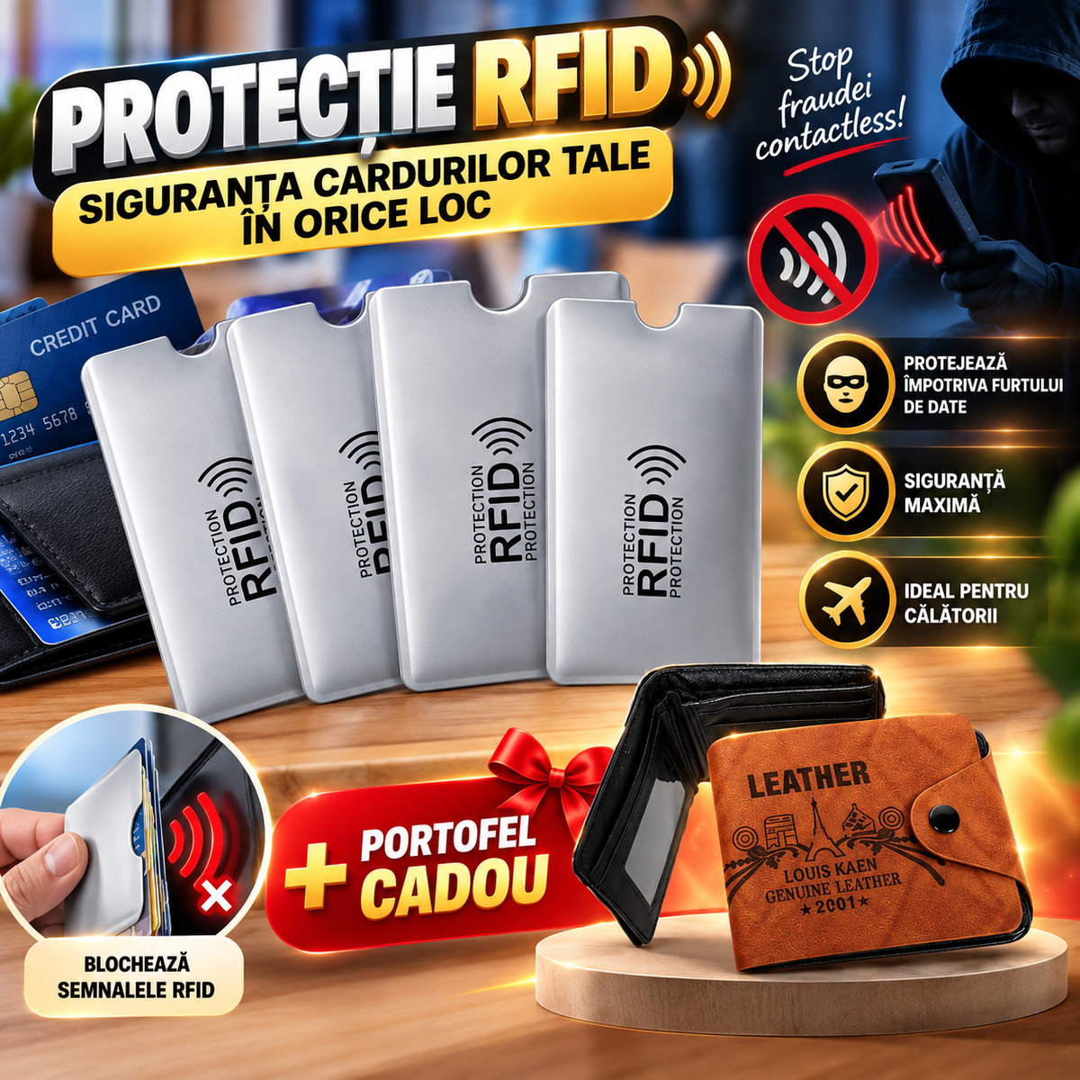 4 Protecție Carduri RFID SafeCard™ + Portofel CADOU