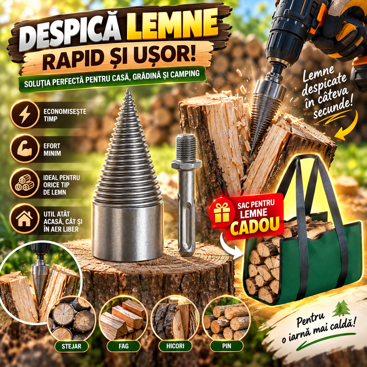 Despicător de Lemne WoodSplit™ + Sac de Transportat Lemne CADOU