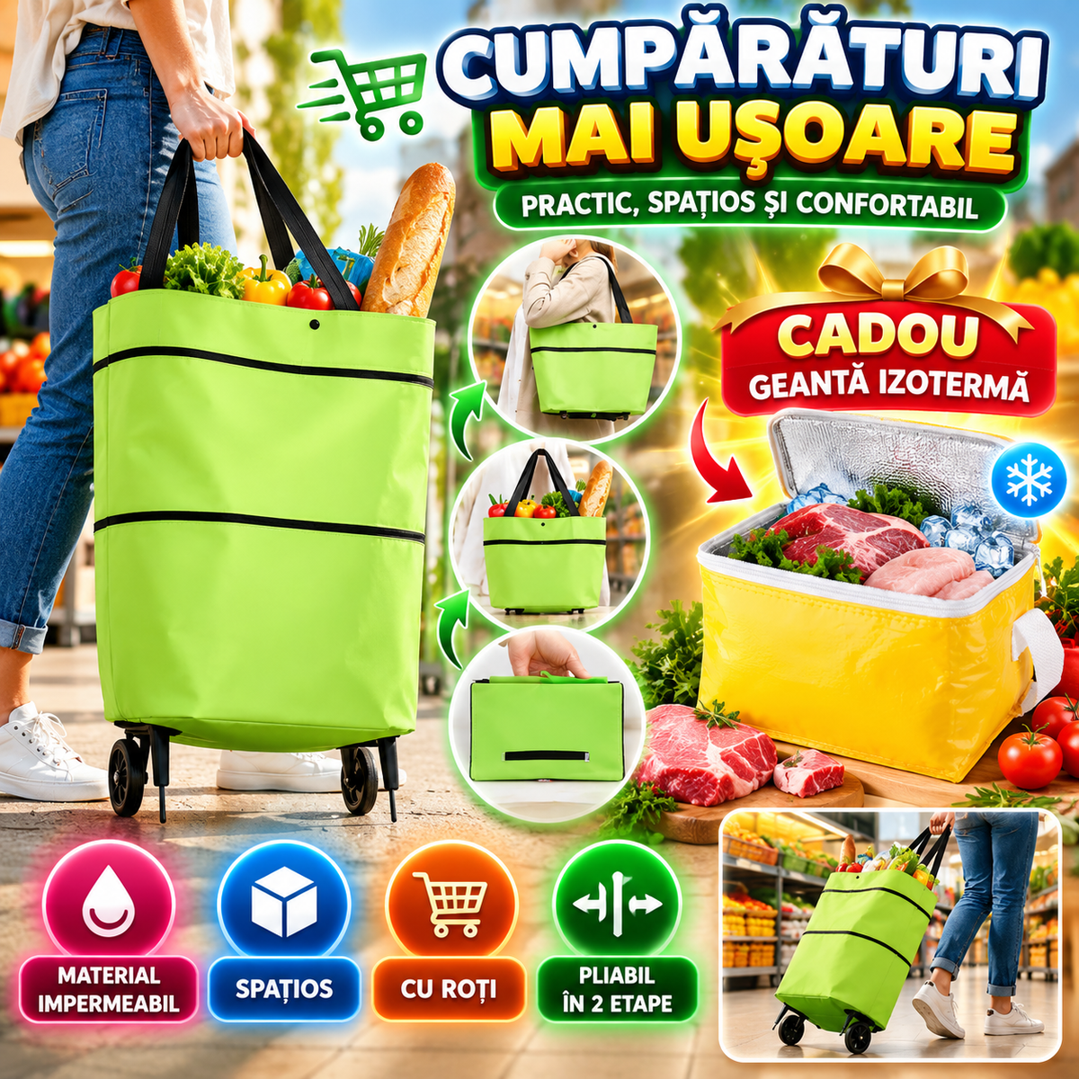 Geantă de Cumpărături 2 in 1 cu Roți - EasyBag™