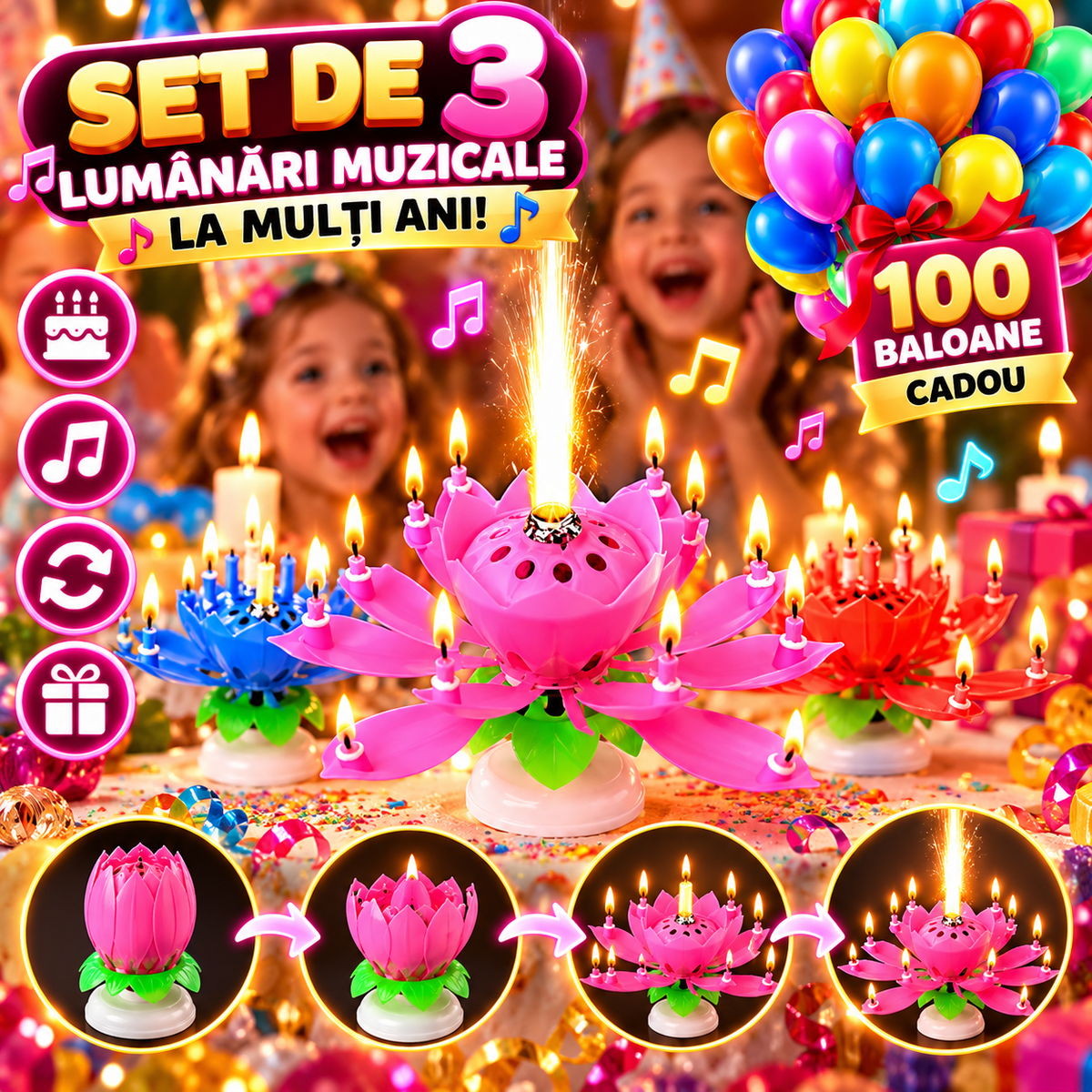Set 3 Lumânări Muzicale FlowerParty™ + CADOU 100 Baloane
